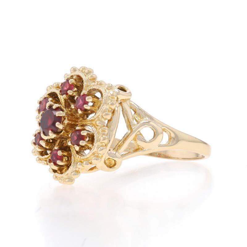 Yellow Gold Garnet Cluster Cocktail Ring - 14k Round .60ctw Flower In Good Condition For Sale In Greensboro, NC