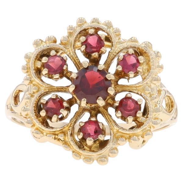 Yellow Gold Garnet Cluster Cocktail Ring - 14k Round .60ctw Flower For Sale