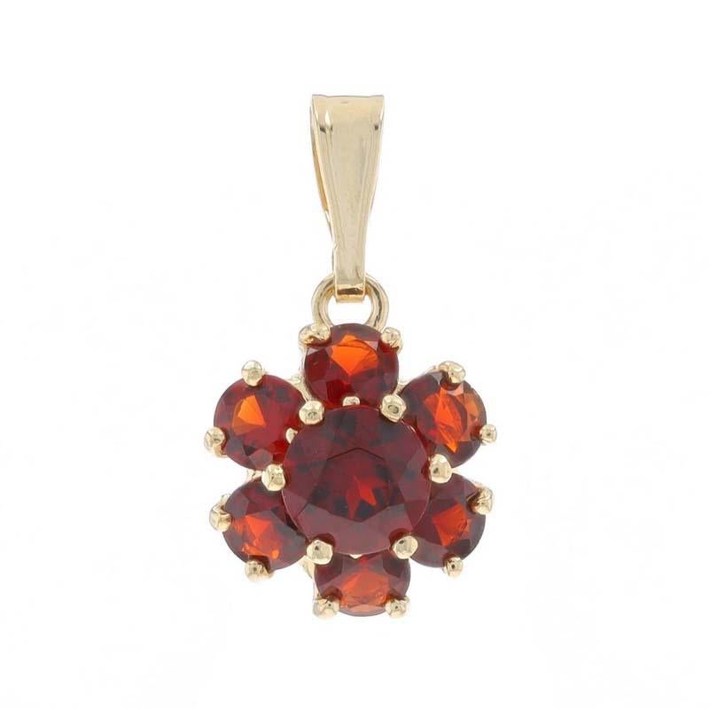 Metal Content: 14k Yellow Gold

Stone Information

Natural Garnets
Carat(s): 3.00ctw
Cut: Round
Color: Red

Total Carats: 3.00ctw

Style: Cluster Halo
Theme: Flower

Measurements

Tall (from stationary bail): 19/32