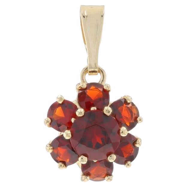 Yellow Gold Garnet Cluster Halo Pendant - 14k Round 3.00ctw Flower For Sale