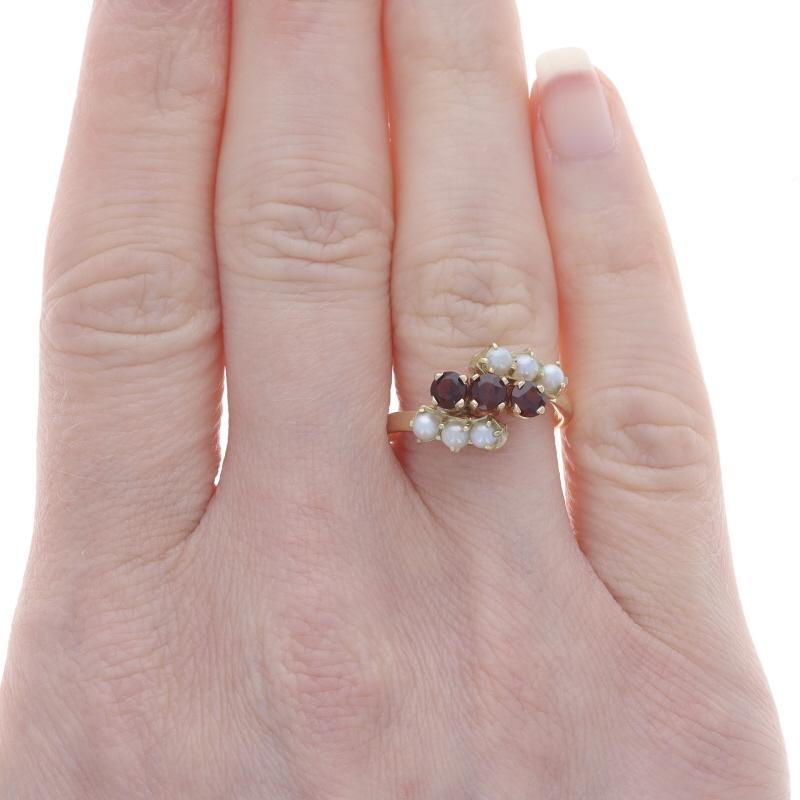Bead Yellow Gold Garnet Cultured Pearl Bypass Ring -14k .63ctw Three-Stone Euro Shank For Sale