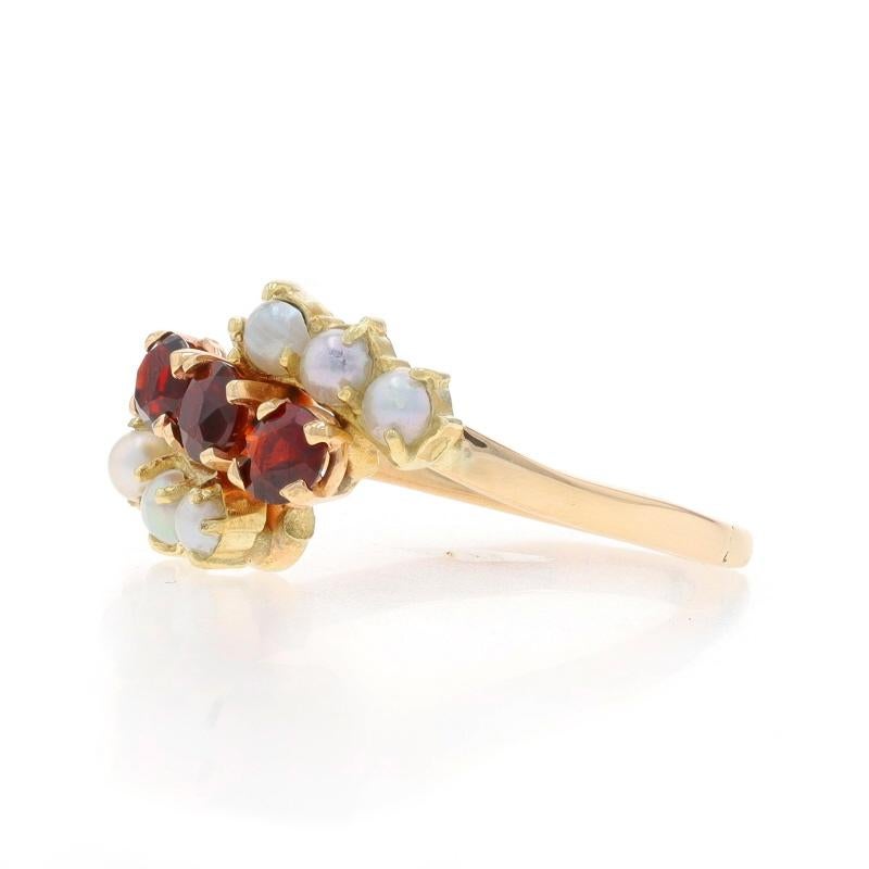 Yellow Gold Garnet Cultured Pearl Bypass Ring -14k .63ctw Three-Stone Euro Shank In Excellent Condition For Sale In Greensboro, NC