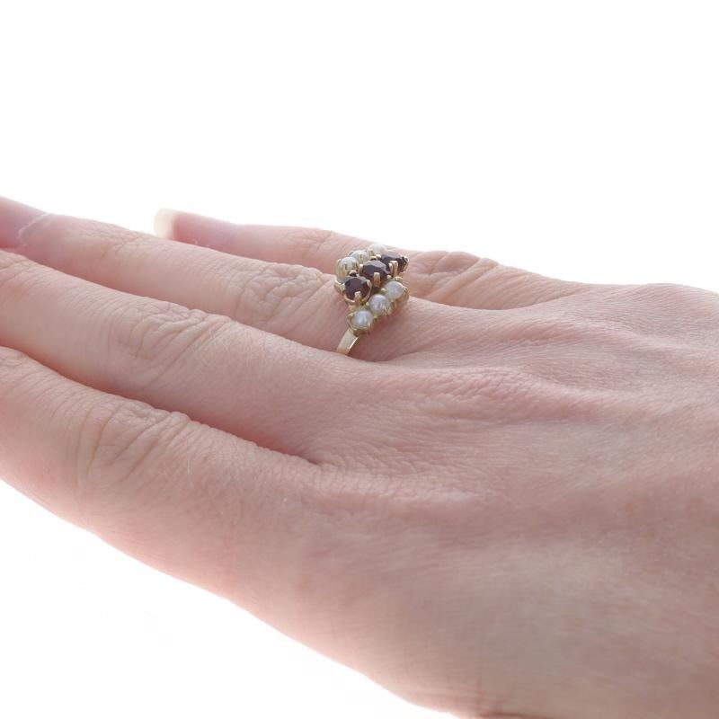 Women's Yellow Gold Garnet Cultured Pearl Bypass Ring -14k .63ctw Three-Stone Euro Shank For Sale