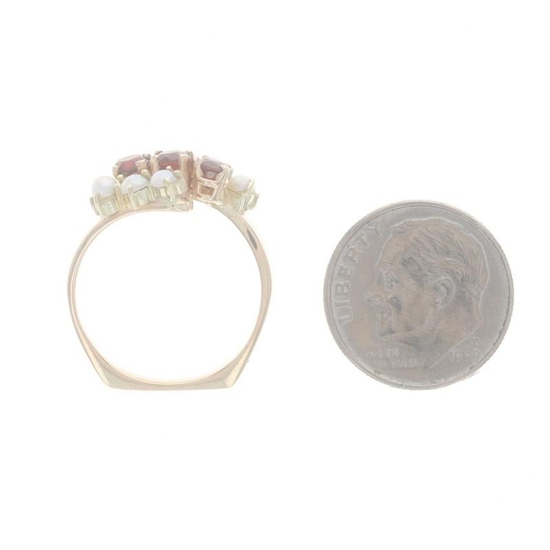 Yellow Gold Garnet Cultured Pearl Bypass Ring -14k .63ctw Three-Stone Euro Shank For Sale 1