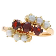 Yellow Gold Garnet Cultured Pearl Bypass Ring -14k .63ctw Three-Stone Euro Shank