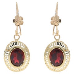 Gelbgold Granat-Ohrringe - 14k Oval 4,20ctw geblümter griechischer Schlüssel durchbohrt