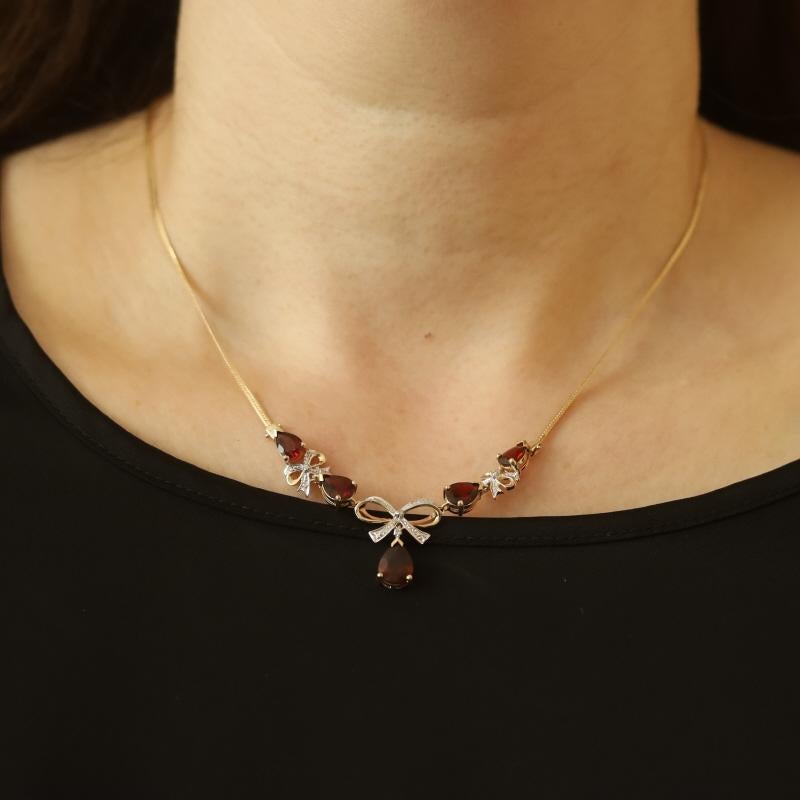Pear Cut Yellow Gold Garnet Diamond Bow Drop Necklace 17 1/2