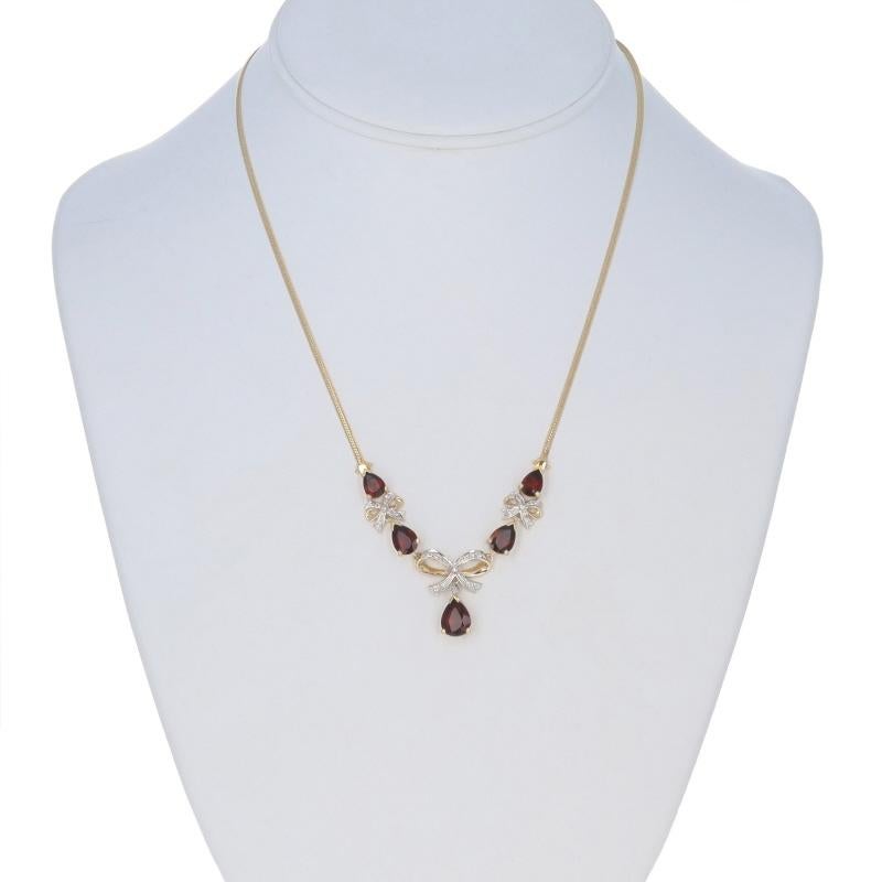 Yellow Gold Garnet Diamond Bow Drop Necklace 17 1/2