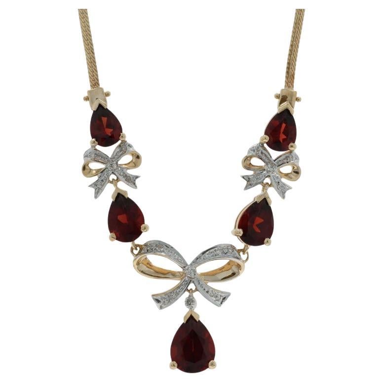 Yellow Gold Garnet Diamond Bow Drop Necklace 17 1/2" 14k Pear 6.17ctw Ribbon For Sale