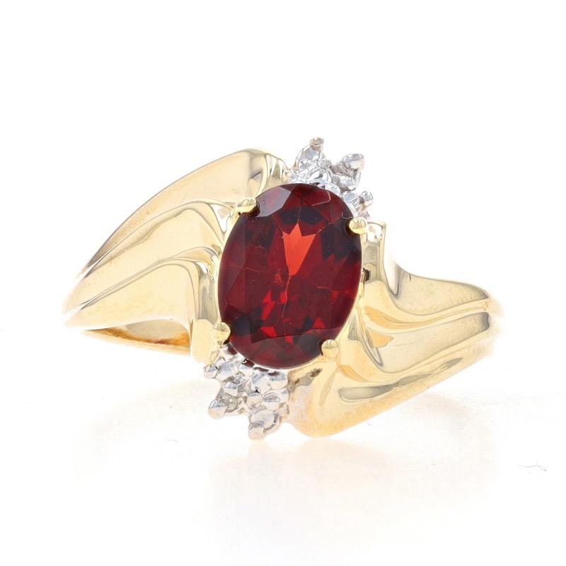 Size: 7
Sizing Fee: Up 2 sizes for $35 or Down 2 sizes for $30

Metal Content: 10k Yellow Gold & 10k White Gold

Stone Information

Natural Garnet
Carat(s): 1.40ct
Cut: Oval
Color: Red

Natural Diamonds
Cut: Single
Stone Note: (two small