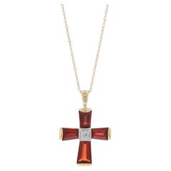Yellow Gold Garnet Diamond Cross Necklace 17" - 14k Tapered Step 3.62ctw Faith