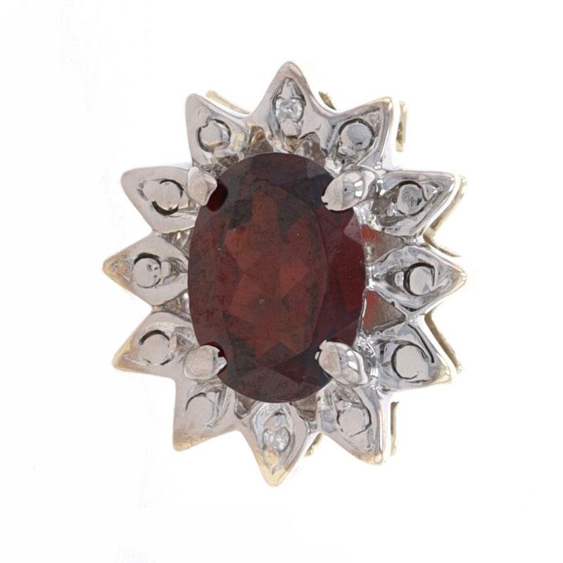 Metal Content: 10k Yellow Gold & 10k White Gold

Stone Information
Natural Garnet
Carat: 1.00ct
Cut: Oval
Color: Red

Natural Diamonds
(two small accents)
Cut: Single

Theme: Flower

Measurements
Tall: 1/2