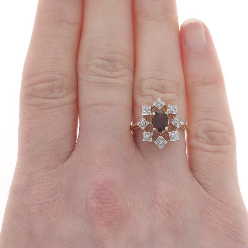 Yellow Gold Garnet & Diamond Halo Ring - 14k Oval 1.06ctw Flower