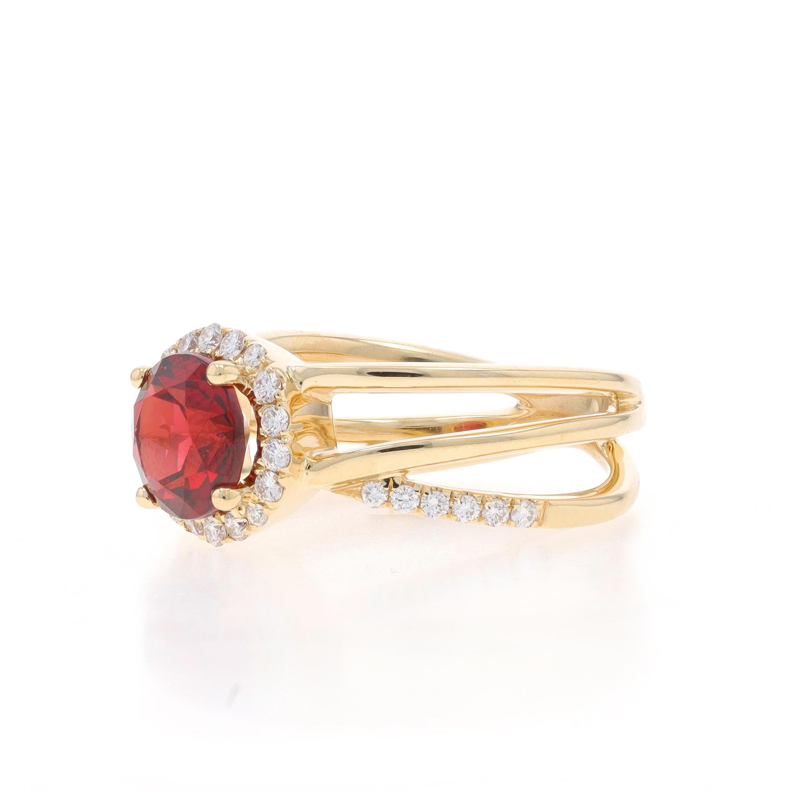 Yellow Gold Garnet Diamond Halo Ring - 14k Round 1.86ctw In Excellent Condition For Sale In Greensboro, NC