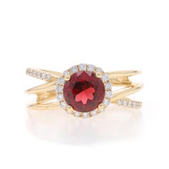 Yellow Gold Garnet Diamond Halo Ring - 14k Round 1.86ctw
