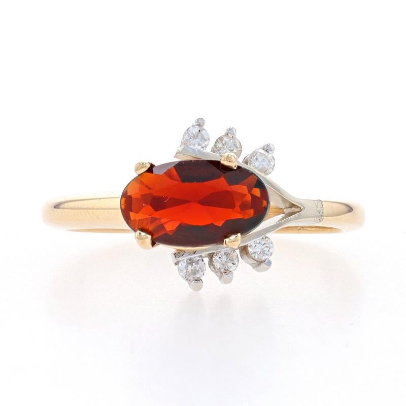 Size: 6 3/4
Sizing Fee: Up 2 sizes for $35 or Down 2 sizes for $30

Metal Content: 14k Yellow Gold & 14k White Gold

Stone Information

Natural Garnet
Carat(s): 1.70ct
Cut: Oval
Color: Red

Natural Diamonds
Carat(s): .10ctw
Cut: Round