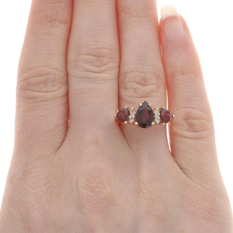 Pear Cut Yellow Gold Garnet Diamond Ring - 14k Pear & Trillion 2.23ctw Three-Stone For Sale