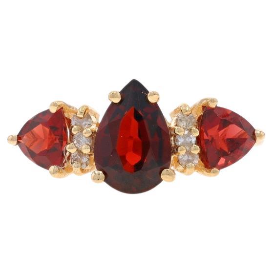 Yellow Gold Garnet Diamond Ring - 14k Pear & Trillion 2.23ctw Three-Stone For Sale
