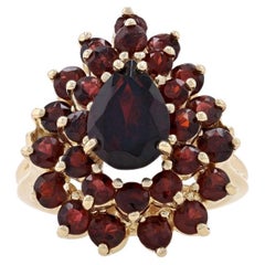Yellow Gold Garnet Double Halo Ring - 14k Pear & Round 4.65ctw Floral