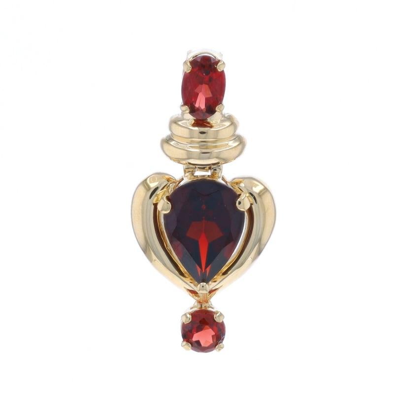 Metal Content: 14k Yellow Gold

Stone Information

Natural Garnets
Carat(s): 2.65ctw
Cut: Pear, Oval, & Round
Color: Red

Total Carats: 2.65ctw

Style: Drop

Measurements

Tall: 1 1/8