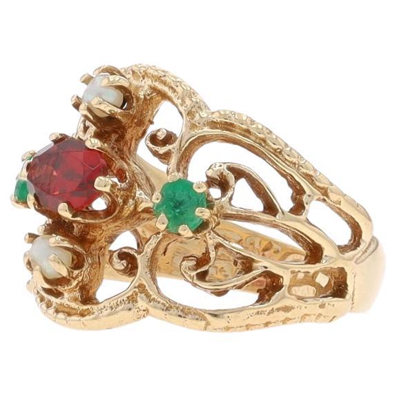 Yellow Gold Garnet Emerald Cultured Pearl Ring 14k Oval .79ctw Scallop Milgrain For Sale