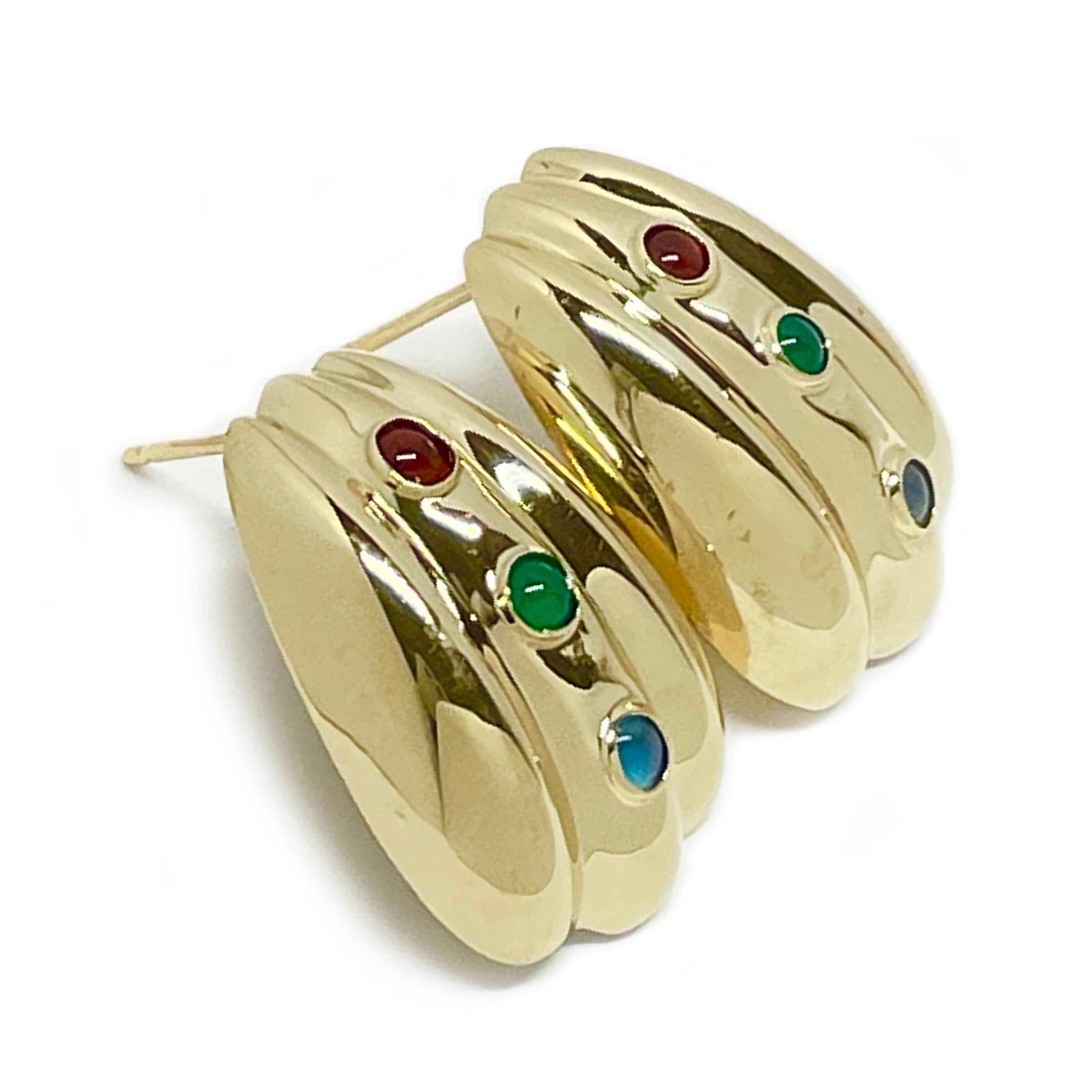 Cabochon Yellow Gold Garnet Emerald Sapphire Earrings For Sale