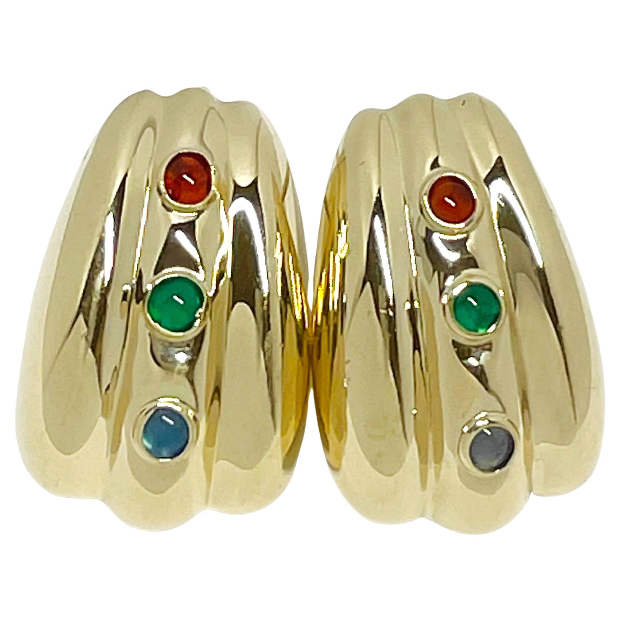 Yellow Gold Garnet Emerald Sapphire Earrings For Sale
