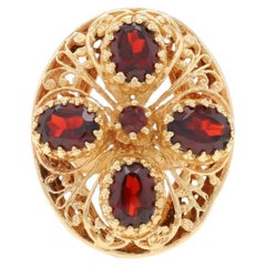 Yellow Gold Garnet Floral Cluster Cocktail Ring -14k Oval & Rd 4.13ctw Botanical