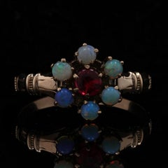 Yellow Gold Garnet Glass Doublet & Opal Victorian Halo Ring, 10k Antique Flower