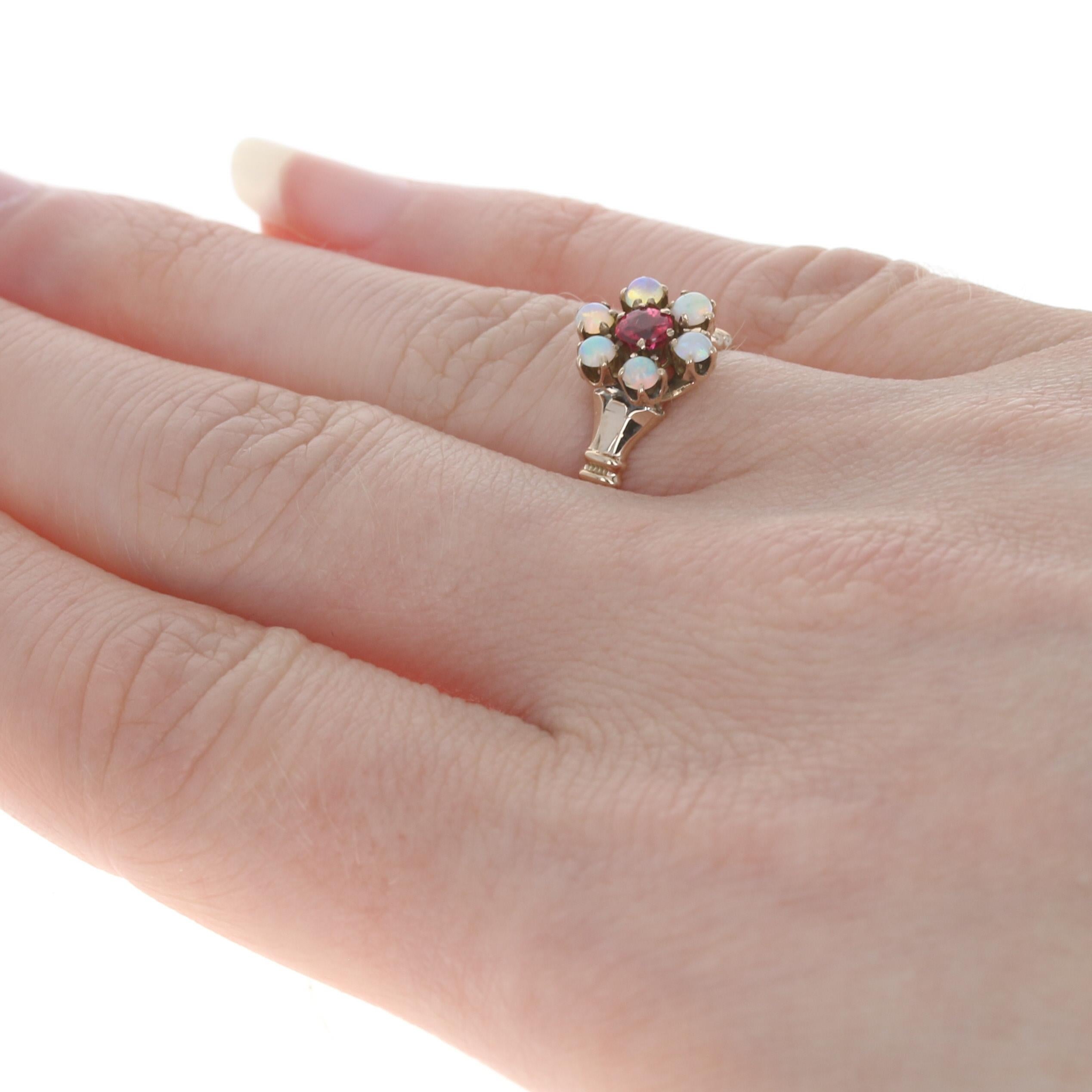 Yellow Gold Garnet Glass Doublet & Opal Victorian Halo Ring, 10k Antique Flower In Excellent Condition In Greensboro, NC