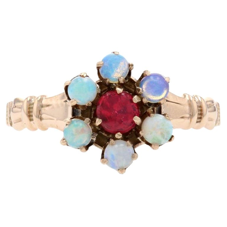 Gelbgold Granatglas Doublet & Opal viktorianischer Halo Ring, 10k antike Blume
