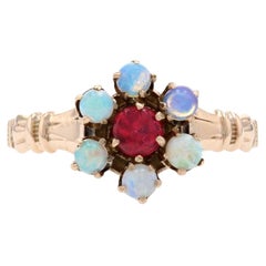Yellow Gold Garnet Glass Doublet & Opal Victorian Halo Ring, 10k Vintage Flower