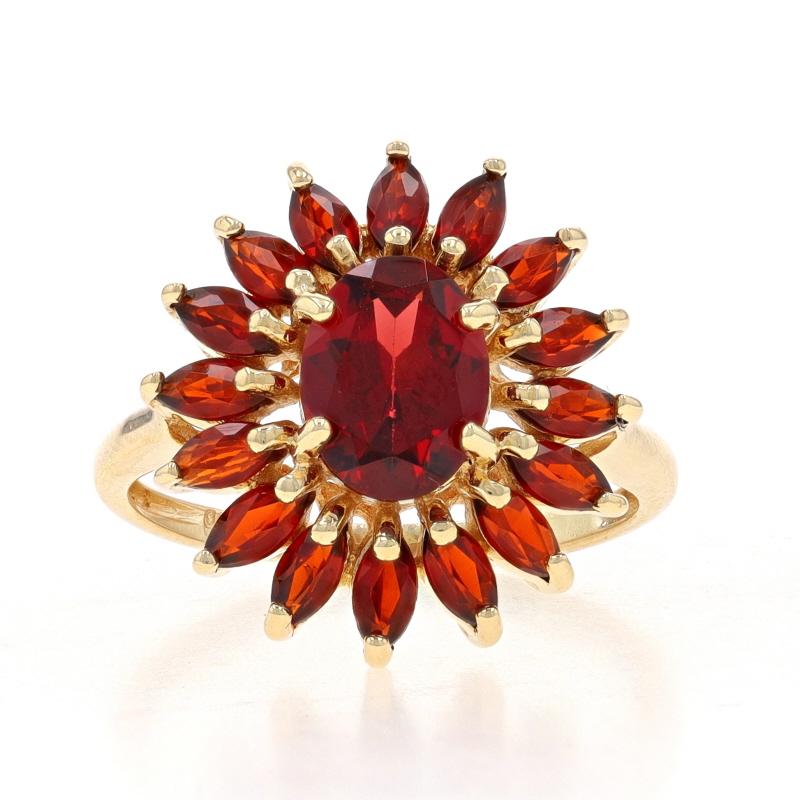 Size: 6
Sizing Fee: Up 2 1/2 sizes for $25 or Down 1 size for $20

Metal Content: 10k Yellow Gold

Stone Information

Natural Garnets
Carat(s): 2.85ctw
Cut: Oval & Marquise
Color: Red

Total Carats: 2.85ctw

Style: Solitaire with Accents Halo
Theme: