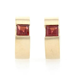 Yellow Gold Garnet Huggie Hoop Earrings, 14k Square Step 1.20ctw Brushed Pierced