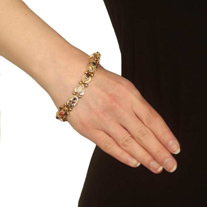 Round Cut Yellow Gold Garnet Lab-Created Sapphire Vintage Slide Charm Bracelet 7 3/4