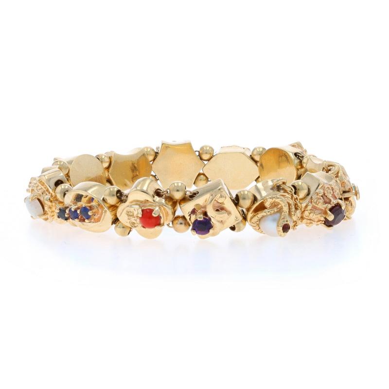 Yellow Gold Garnet Lab-Created Sapphire Vintage Slide Charm Bracelet 7 3/4