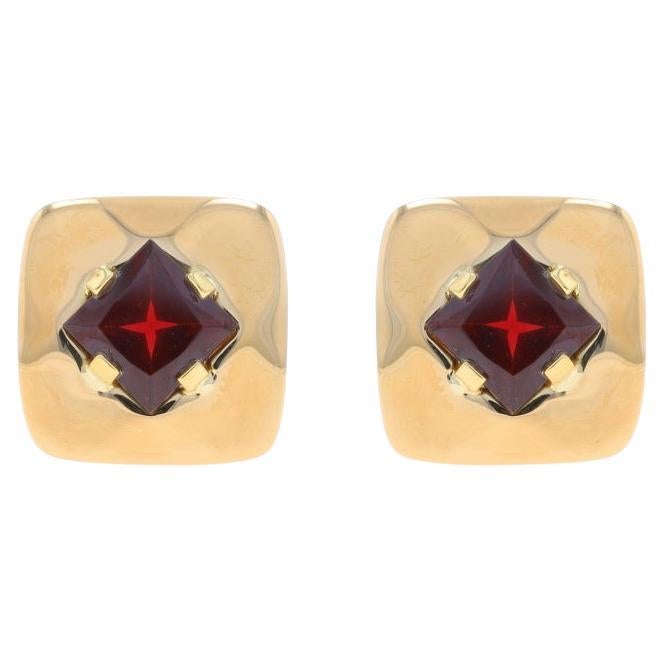Yellow Gold Garnet Large Stud Earrings - 18k Modified Square 5.12ctw Clip-Ons