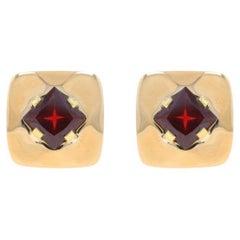 Yellow Gold Garnet Large Stud Earrings - 18k Modified Square 5.12ctw Clip-Ons