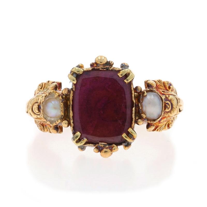 Size: 4 1/4

Era: Georgian
Date: 1850s - 1860s

Metal Content: 14k Yellow Gold

Stone Information
Natural Garnet
Cut: Table
Color: Purplish Red

Natural Pearls

Style: Solitaire with Accents
Theme: Flowers

Measurements
Face Height (north to south):
