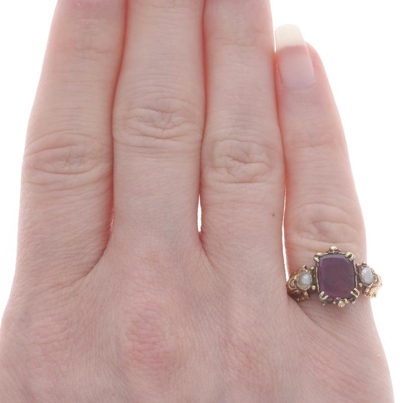 Bead Yellow Gold Garnet & Pearl Georgian Ring -14k Table Cut Antique Flowers Sz 4 1/4 For Sale
