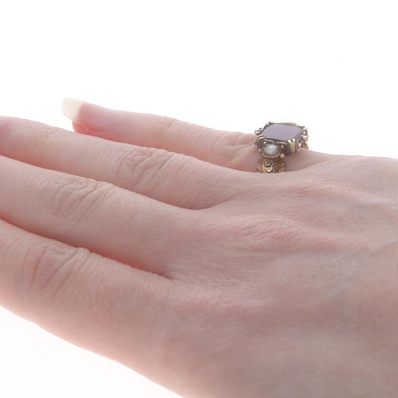 Women's Yellow Gold Garnet & Pearl Georgian Ring -14k Table Cut Antique Flowers Sz 4 1/4 For Sale