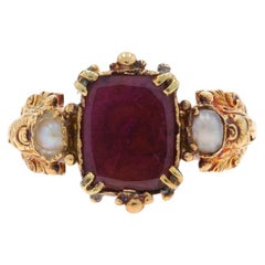 Yellow Gold Garnet & Pearl Georgian Ring -14k Table Cut Antique Flowers Sz 4 1/4