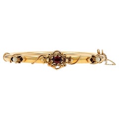 Yellow Gold Garnet & Pearl Victorian Bangle Bracelet 6 1/4" - 14k Oval Antique