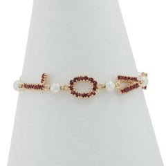 Yellow Gold Garnet Pearl Vintage Love Link Bracelet 7" - 14k Rd Point 5.88ctw