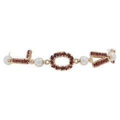 Yellow Gold Garnet Pearl Vintage Love Link Bracelet 7" - 14k Rd Point 5.88ctw