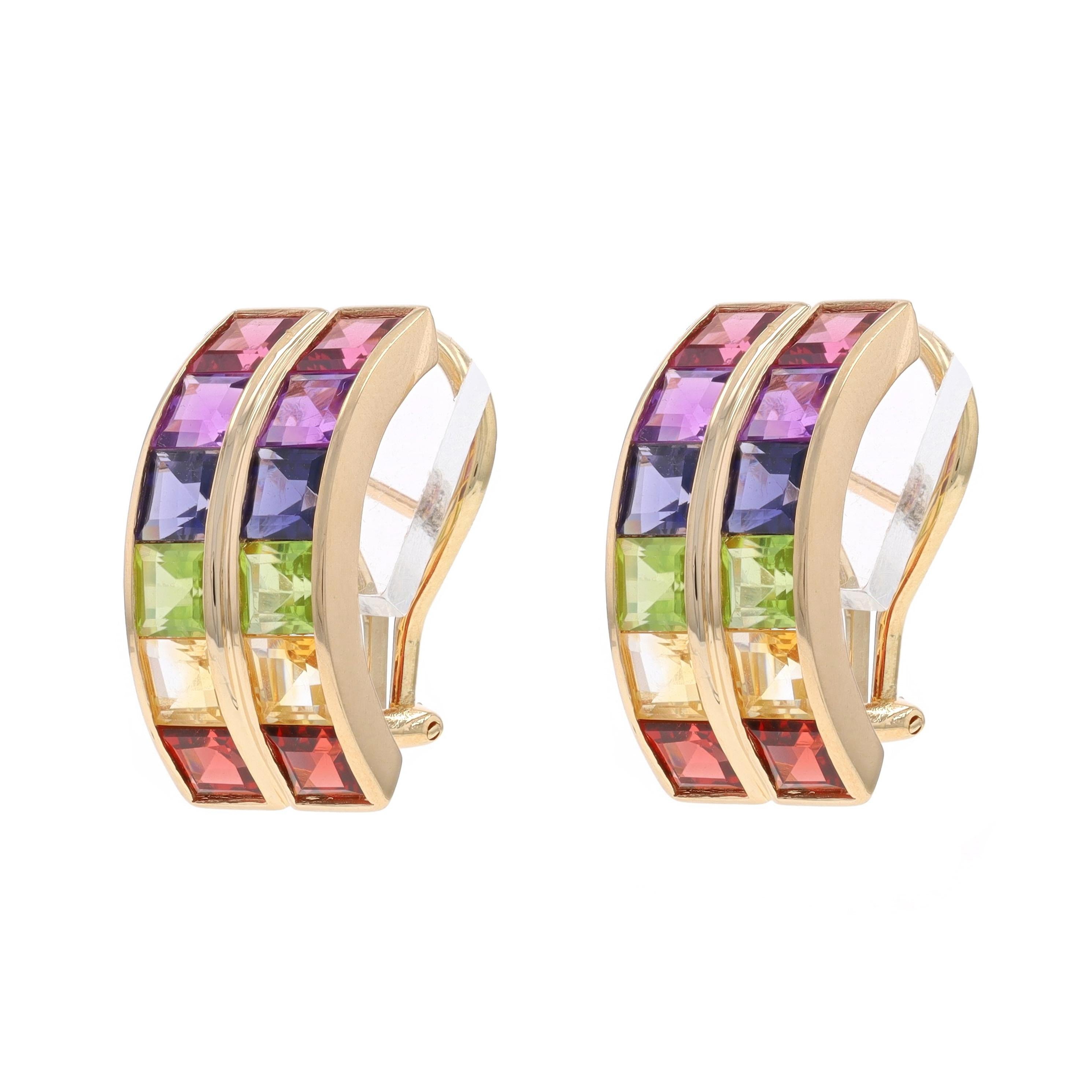 Metal Content: 14k Yellow Gold

Stone Information
Natural Garnets
Carat(s): 1.00ctw
Cut: Square
Color: Red

Natural Rhodolite Garnets
Carat(s): 1.00ctw
Cut: Square
Color: Purplish Red

Natual Peridot
Carat(s): .92ctw
Cut: Square
Color: