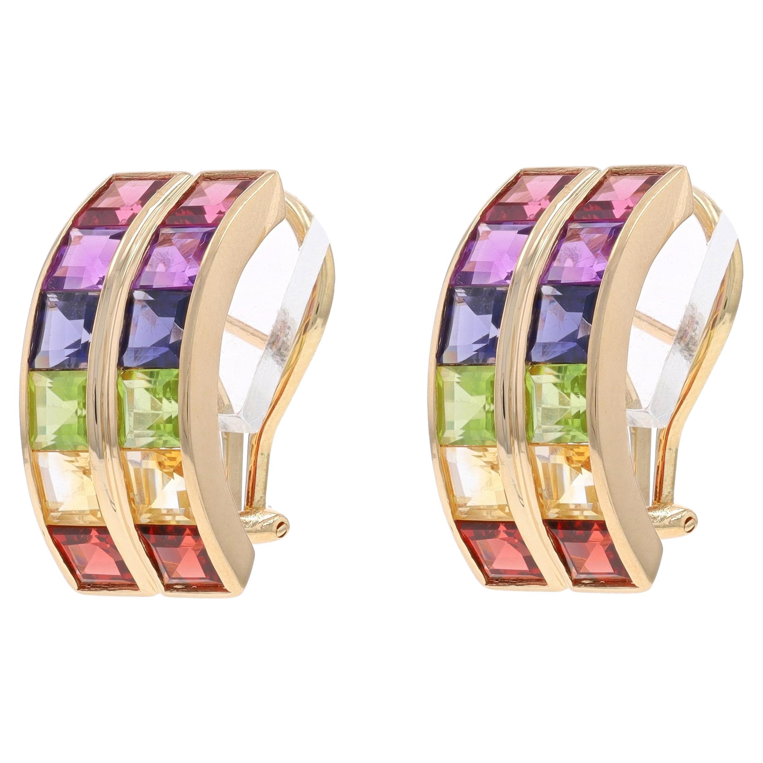 Yellow Gold Garnet Peridot Iolite J-Hoop Earrings 14k Sq 5.20ctw Rainbow Stripe For Sale