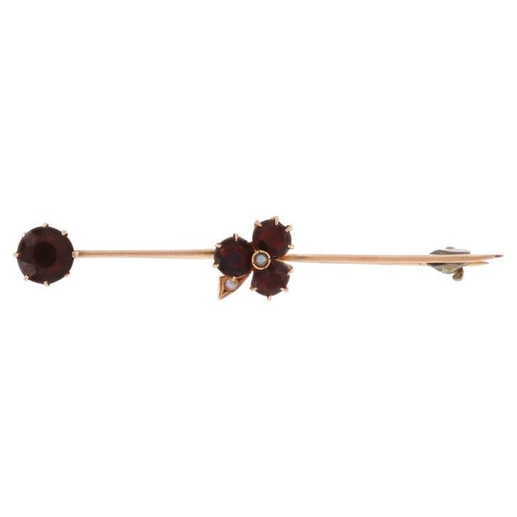 Yellow Gold Garnet & Seed Pearl Edwardian Three-Leaf Clover Brooch - 14k Round