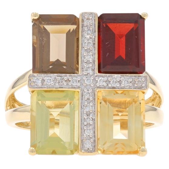 Yellow Gold Garnet Smoky Quartz Citrine Cluster Cocktail Ring - 14k Emer 4.40ctw