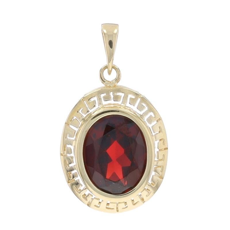 Metal Content: 14k Yellow Gold

Stone Information

Natural Garnet
Carat(s): 2.80ct
Cut: Oval
Color: Red

Total Carats: 2.80ct

Style: Solitaire
Theme: Greek Key
Features: Open Cut Border

Measurements

Tall (from stationary bail): 11/16